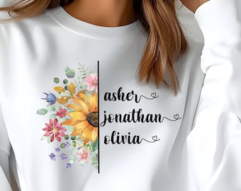 Personalized Wildflower Name Sweatshirt Name, Gift for Mom Grandma, Watercolor Wildflowers, Wild Flower, Pressed Flower Shirt, Botanical