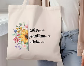 Personalized Wildflower Name Tote Bag, Gift for Mom Grandma, Watercolor Wildflowers, Wild Flower, Pressed Flower Tote, Cottage Botanical