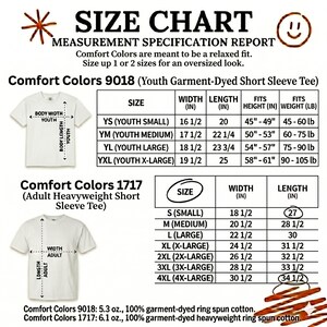 May include: Size chart for Comfort Colors t-shirts, including youth and adult sizes. Measurements are in inches for width, length, height, and weight. Includes details for garment-dyed ring spun cotton tees.