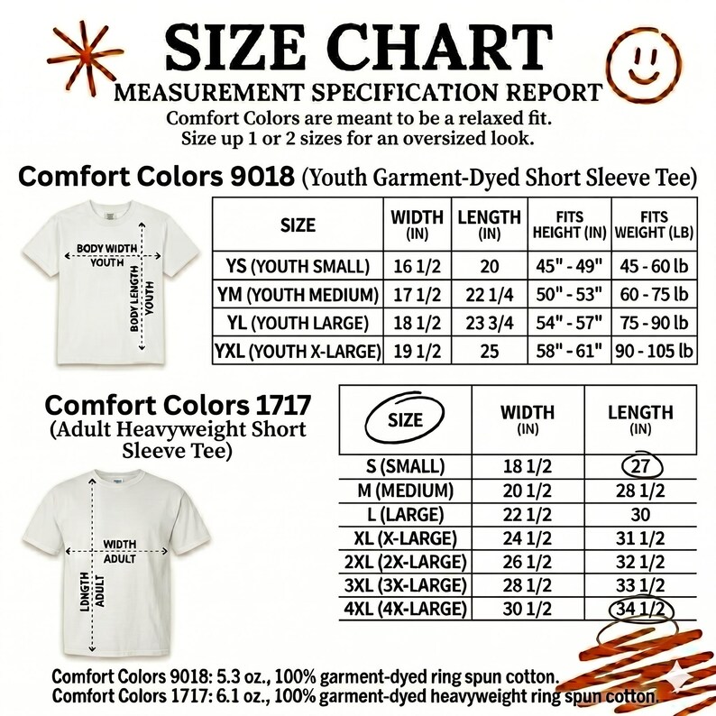 May include: Size chart for Comfort Colors t-shirts, including youth and adult sizes. Measurements are in inches for width, length, height, and weight. Includes details for garment-dyed ring spun cotton tees.