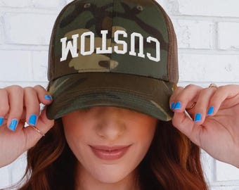 Custom Embroidered Upside Down Font Hat Camo Personalized Cap Custom Embroidered Hat Dad Hat Vintage Baseball Hat Bachelorette Hat Bride Hat