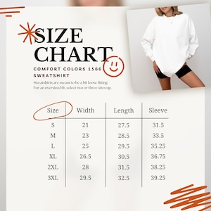 Puede incluir: Una sudadera blanca con una tabla de tallas. La tabla enumera las tallas S a 3XL, con medidas en pulgadas para el ancho, largo y largo de manga. El texto dice "COMFORT COLORS 1566 SWEATSHIRT".