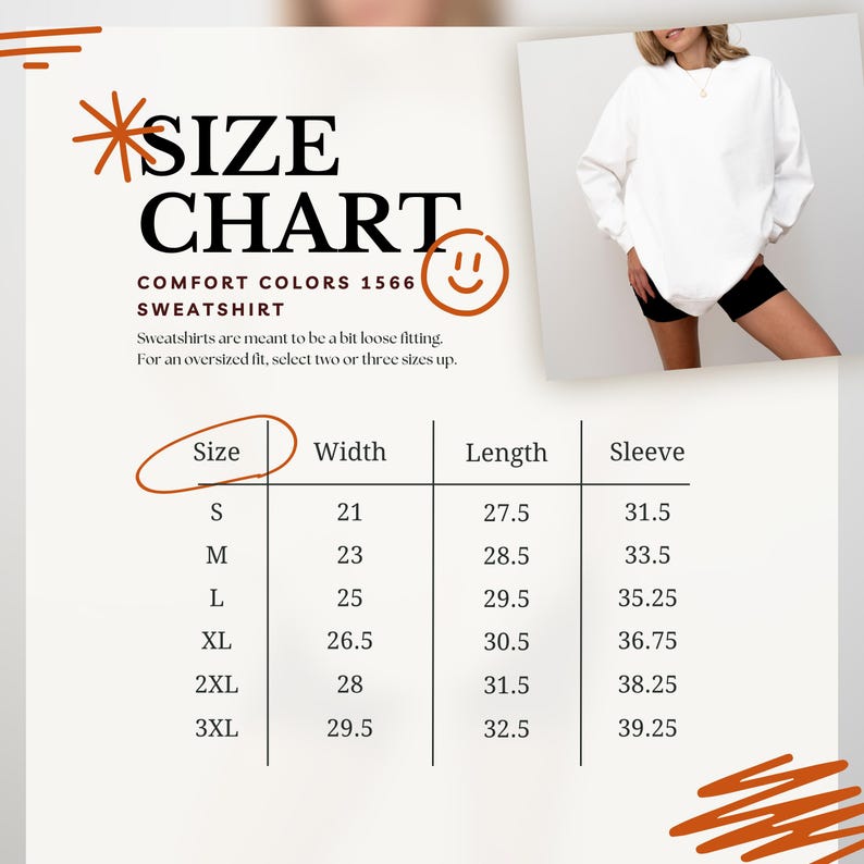 Puede incluir: Una sudadera blanca con una tabla de tallas. La tabla enumera las tallas S a 3XL, con medidas en pulgadas para el ancho, largo y largo de manga. El texto dice "COMFORT COLORS 1566 SWEATSHIRT".