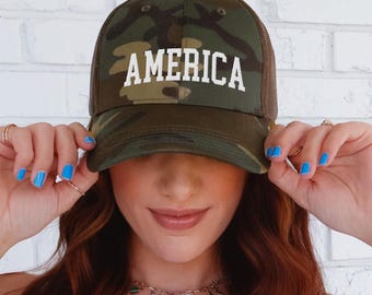 Embroidered USA Patriotic Hat July 4th Hat Camo Trucker Hat Red White Blue USA Baseball Cap Memorial Day 4th of July Independence Day