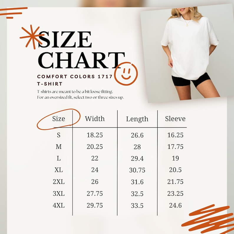 Puede incluir: Una camiseta blanca Comfort Colors 1717 con una tabla de tallas. La tabla enumera las tallas S a 4XL, con medidas de ancho de 46,35 a 75,57 cm, largos de 67,56 a 85,09 cm y largos de manga de 41,28 a 62,48 cm.