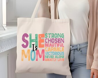 She is Mom Tote Bag, She is Strong, Christian Mom, Beautiful Mom Tote, Blessed Mom Shirt, Mom Life, Mothers Day Bag, Empowered Women Gift