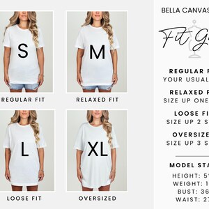 May include: A white t-shirt fit guide with four images showing sizes S, M, L, and XL. Text on the right details fit types: Regular, Relaxed, Loose, and Oversized. Model stats include height 165cm, weight 59kg, bust 91cm, and waist 69cm.