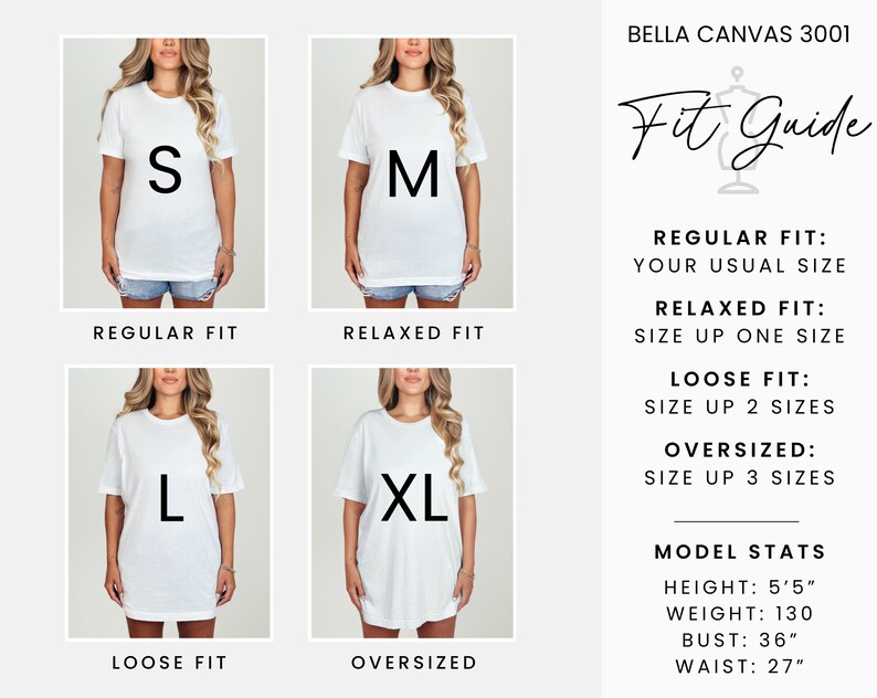 May include: A white t-shirt fit guide with four images showing sizes S, M, L, and XL. Text on the right details fit types: Regular, Relaxed, Loose, and Oversized. Model stats include height 165cm, weight 59kg, bust 91cm, and waist 69cm.