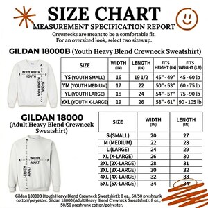 May include: A size chart for Gildan crewneck sweatshirts, including youth and adult sizes. The chart provides measurements in inches for width and length, along with height and weight guidelines. The text reads "SIZE CHART MEASUREMENT SPECIFICATION REPORT".