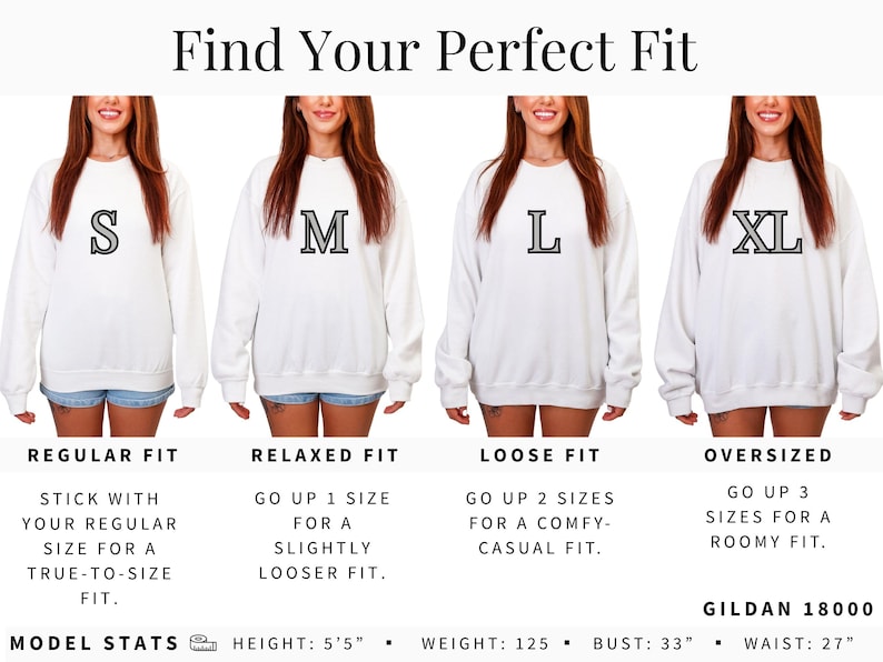 May include: White sweatshirts with the letters S, M, L, and XL. The text "Find Your Perfect Fit" is at the top. Below the sweatshirts are the words "Regular Fit", "Relaxed Fit", "Loose Fit", and "Oversized". Model stats: height 5'5", weight 125 lbs, bust 33", waist 27".