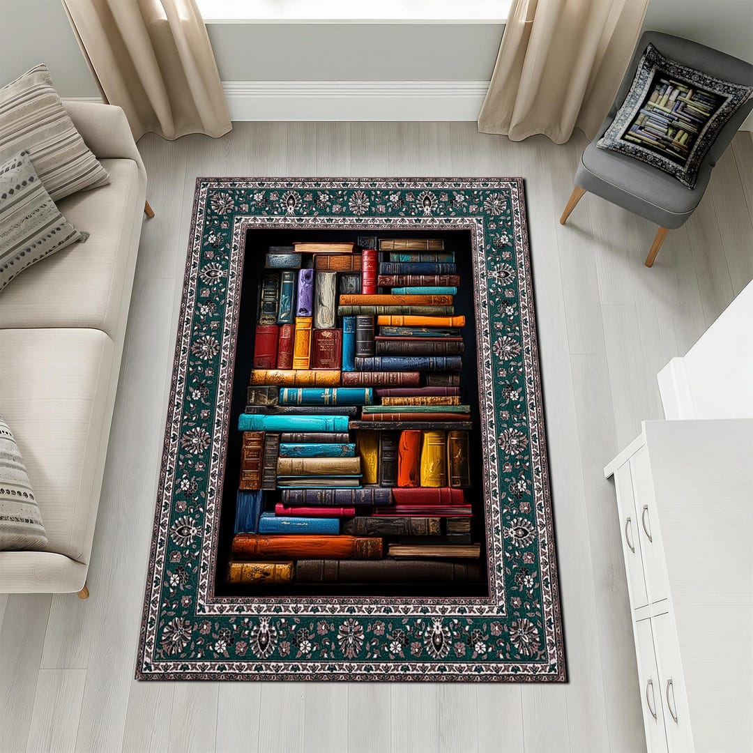 Book Rug, Vintage Library Bookshelf Tapestry Rug,classic Kilim Border ...