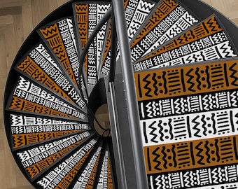 Custom Spiral Stair Mat, Mudcloth Pattern Stair Rug, African Mud Cloth, Bogolan Pattern Stair Mat,  Spiral Staircase Mat, Non-Slip Stair Rug
