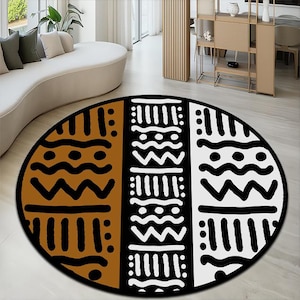 African Mudcloth Round Rug, Boho Tribal Circle Carpet, Black Brown Neutral Living Room Rug, African Inspired Pattern,Afrocentric Round Rug