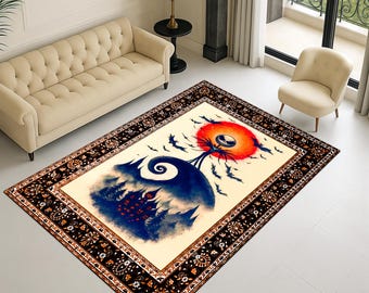 May include: A rectangular area rug with a Halloween-themed design. The rug features a central image of a spooky tree with a Jack Skellington-like face against a red sun, surrounded by bats. The border is black with floral patterns.