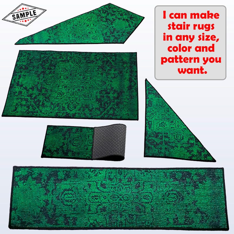 May include: Green and black patterned stair rugs in various shapes and sizes. The rugs have a distressed, vintage look. Text on the image reads, "I can make stair rugs in any size, color and pattern you want."