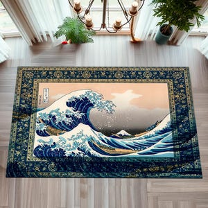 北斎グレートウェーブラグ、北斎神奈川沖波裏ラグ、日本の浮世絵アートカーペット、葛飾波浪マット、象徴的な富士プリント