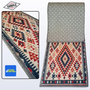 May include: A stair tread rug with a geometric pattern in red, navy, and beige. The rug features a diamond and triangle design. The top portion is a solid gray color. The text "CUSTOM STAIR RUGS" is visible.