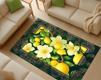 Lemon Blossom Rug, Kitchen Decor, Lemon rug with classic pattern frame, Kitchen Runner, Floral Area Rug, Botanical Design, Cottagecore Rug