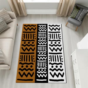 Afrikanischer Schlammteppich, Geometrischer Stammesteppich, Boho Ethnic Mat, Moderner Schwarz-Weiß-Brauner Bodenakzent, Stilvoller Wohnzimmer-Dekor-Teppich
