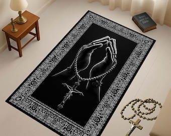 Praying Hands with Rosary And Cross, Prayer Hands Rug, Catholic Gift, Holy Cross Decor, Catholic Worship Mat, Christian Prayer Rug
