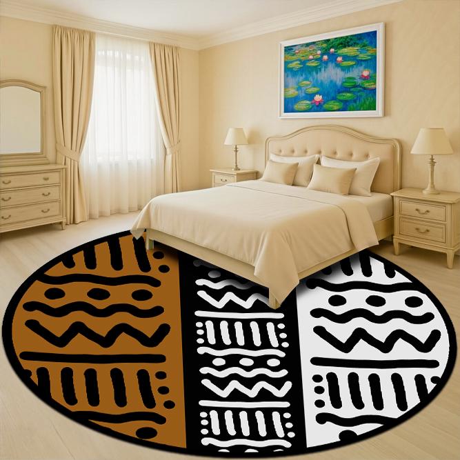 African Mudcloth Round Rug, Boho Tribal Circle Carpet, Black Brown ...