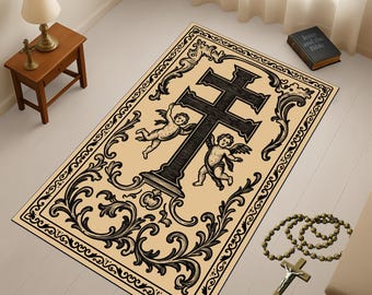 Christian Cross Prayer Rug, Catholic Orthodox Worship Mat, Religious Gift,Faith Inspired Carpet, Church/Home Decor, Christian devotional