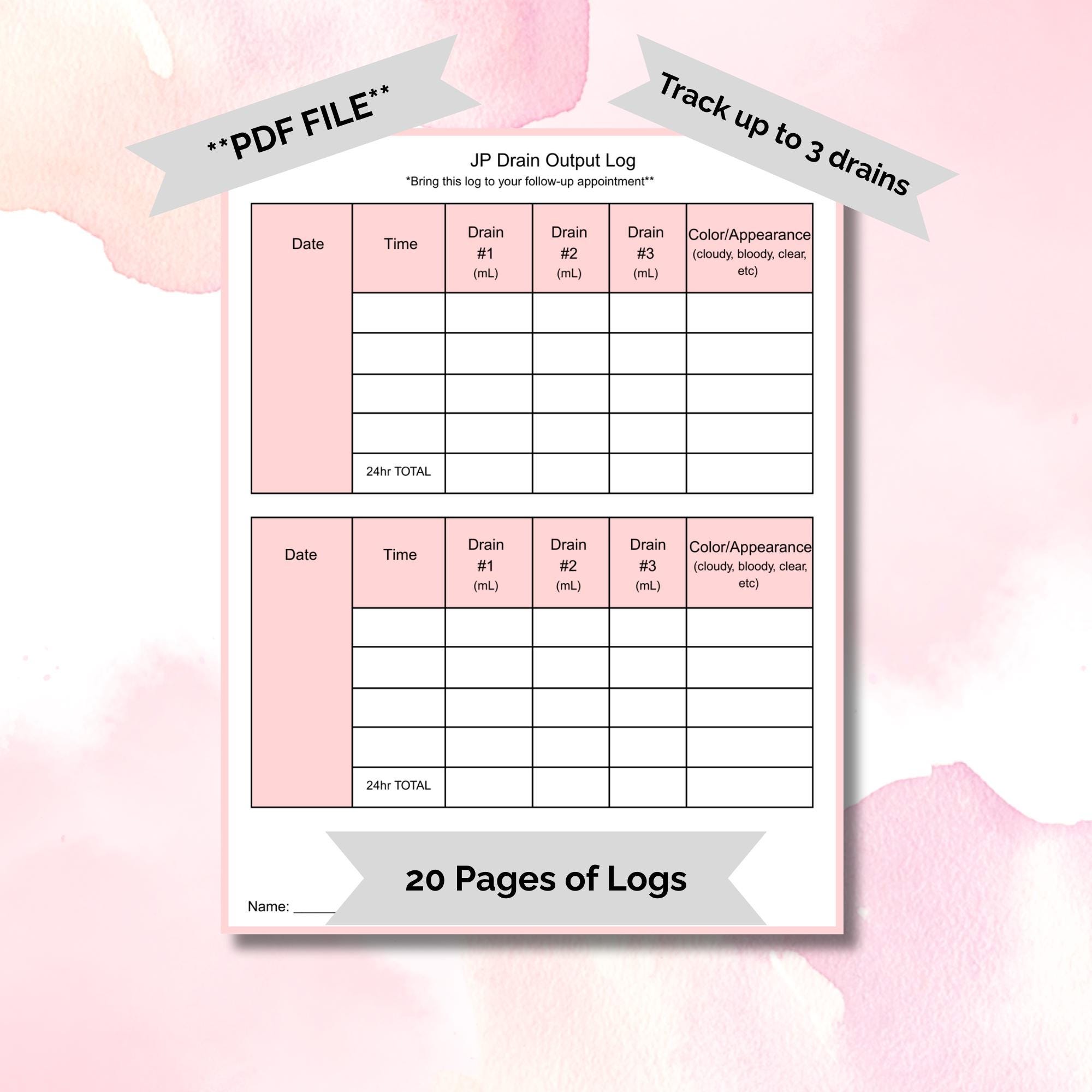 Post-op Drain Tracker: Printable Surgical Recovery Log (PDF Download - Etsy