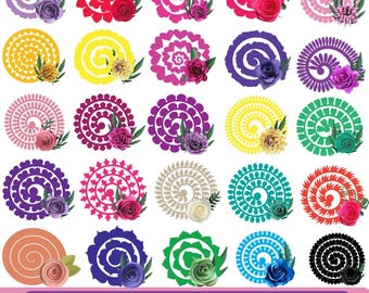 Pacchetto SVG da 50 fiori arrotolati, disegni di fiori di carta 3D, file di taglio Cricut con rose e fiori, scatole portaoggetti, biglietti SVG, decorazioni per feste, fiori da matrimonio