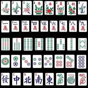 May include: A collection of Mahjong tiles on a black background. The tiles feature various symbols, numbers, and Chinese characters in red, green, and blue. Some tiles display floral designs, while others have dots or bamboo sticks.