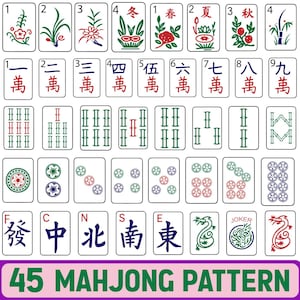 Może przedstawiać: Zestaw 45 płytek z wzorami Mahjonga, każda z unikalnymi symbolami, liczbami i chińskimi znakami. Płytki mają różne kolory, w tym czerwony, zielony i niebieski, i są ułożone w siatkę.