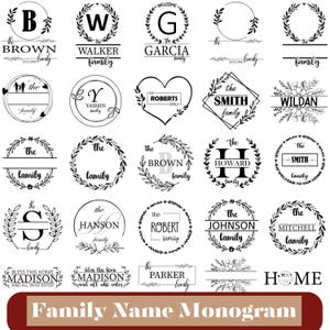 Könnte beinhalten: Eine Sammlung von Familiennamen-Monogrammen in Schwarz und Weiß. Jedes Design zeigt einen Buchstaben oder Namen in einem dekorativen Rahmen, wie Kränze, Kreise oder Herzen. Der Text "Family Name Monogram" steht unten.