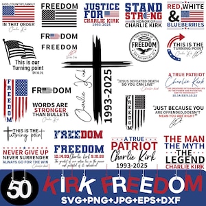May include: A collection of patriotic graphics featuring the American flag, the word "FREEDOM", and quotes. Includes text such as "Justice for Charlie Kirk", "A True Patriot", and "This is our Turning Point".