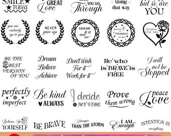 Pacchetto SVG di citazioni motivazionali, amore per se stessi, fede, gentilezza, affermazione positiva, clipart ispiratrici, svg motivazionali carini, pacchetto positività
