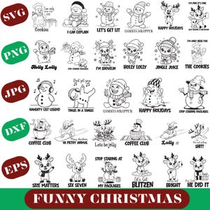Op de afbeelding: Een verzameling zwart-wit illustraties met een kerstthema. De ontwerpen tonen sneeuwmannen en rendieren met humoristische zinnen als "Gangsta Wrapper" en "Let's Get Lit". De tekst "Funny Christmas" staat onderaan.