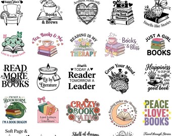 Pacchetto di 50 immagini SVG di ragazze appassionate di libri, clipart con citazioni di libri per sublimazione, download digitale PNG per lettori, uso commerciale, topo di biblioteca, design per magliette