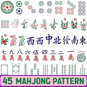 May include: A collection of 45 Mahjong patterns in various colors. The image includes floral designs, Chinese characters, and numbered tiles. The text "45 MAHJONG PATTERN" is displayed at the bottom.