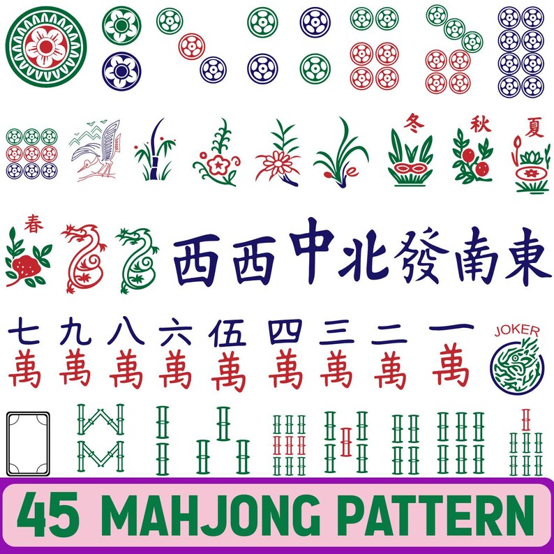 May include: A collection of 45 Mahjong patterns in various colors. The image includes floral designs, Chinese characters, and numbered tiles. The text "45 MAHJONG PATTERN" is displayed at the bottom.