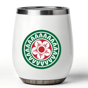 May include: White insulated tumbler with a decorative floral design. The design features a red flower with white petals, surrounded by a green and white circular border. The tumbler has a silver rim and a wooden-look base.
