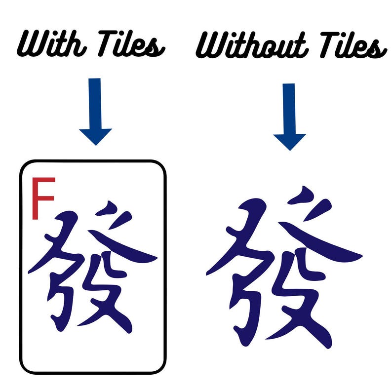 May include: A comparison image showing two versions of a design. The left side features a white tile with a red "F" and blue Chinese characters. The right side shows the same blue characters without a tile. Text above reads "With Tiles" and "Without Tiles".