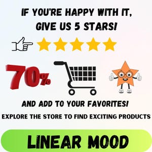 Op de afbeelding: Afbeelding met tekst: "IF YOU'RE HAPPY WITH IT, GIVE US 5 STARS!" en "AND ADD TO YOUR FAVORITES!". Bevat een duim omhoog, vijf gouden sterren, een winkelwagen, een sterkarakter en de tekst "70%". De winkelnaam "LINEAR MOOD" wordt ook weergegeven.