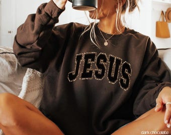 Jesus Leopard Sweatshirt, Trendy Faith Apparel Gift, Christian Crewneck, Dark Chocolate Christian Sweatshirt