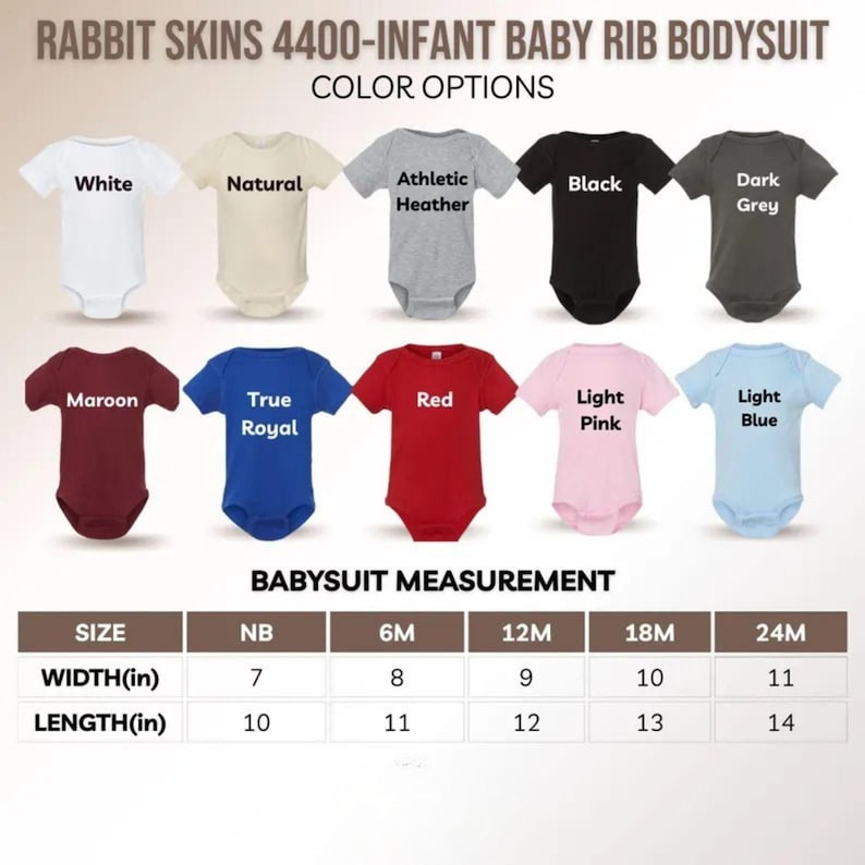 Pu&ograve; includere: Body per neonati Rabbit Skins 4400 in dieci colori: bianco, naturale, grigio melange, nero, grigio scuro, bordeaux, blu reale, rosso, rosa chiaro e azzurro. Una tabella mostra larghezza e lunghezza in pollici per le taglie da NB a 24M.