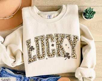 Lucky Leopard Print Shirt, St Patrick’s Day Lucky Sweatshirt, Neutral Irish Lucky Top, Cute St Patricks Day Outfit