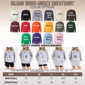 Puede incluir: Una tabla de colores de sudaderas unisex Gildan 18000 con opciones en blanco, negro y varios otros colores. La imagen tambi&eacute;n muestra medidas unisex para adultos de tallas S a 2XL, con anchos de 51 a 71 cm y largos de 69 a 79 cm.