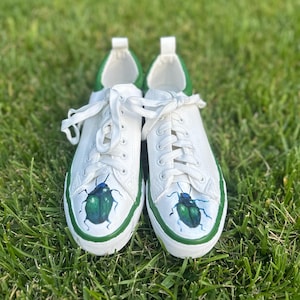 Custom Hand Painted White Beetle Shoes, Size 9