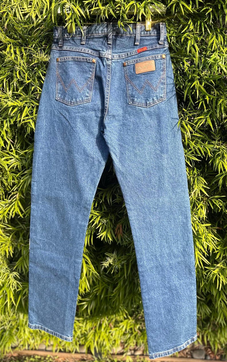 May include: Blue denim jeans with classic five-pocket styling. Features include a brown leather patch with the brand name, orange stitching, and the iconic 'W' stitching on the back pockets. The jeans are displayed against a backdrop of green foliage.
