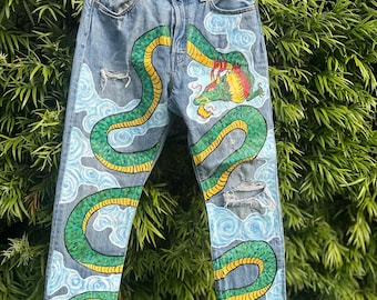Hand-Painted Green Dragon Levi’s Jeans, Upcycled Statement Denim, Streetwear Fashion