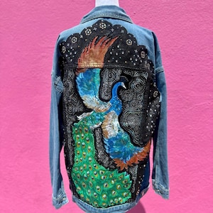 Hand-Painted Peacock Denim Jacket, Rhinestone, Statement Outerwear, Size M