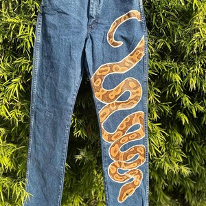 May include: Blue denim jeans with a hand-painted snake design. The snake is brown and tan with a cream-colored outline. The jeans are straight-legged and have a classic five-pocket design. The background is a lush green bush.