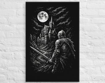 Dark Fantasy Knight Canvas Art: Gothic Castle, Medieval Warrior Print